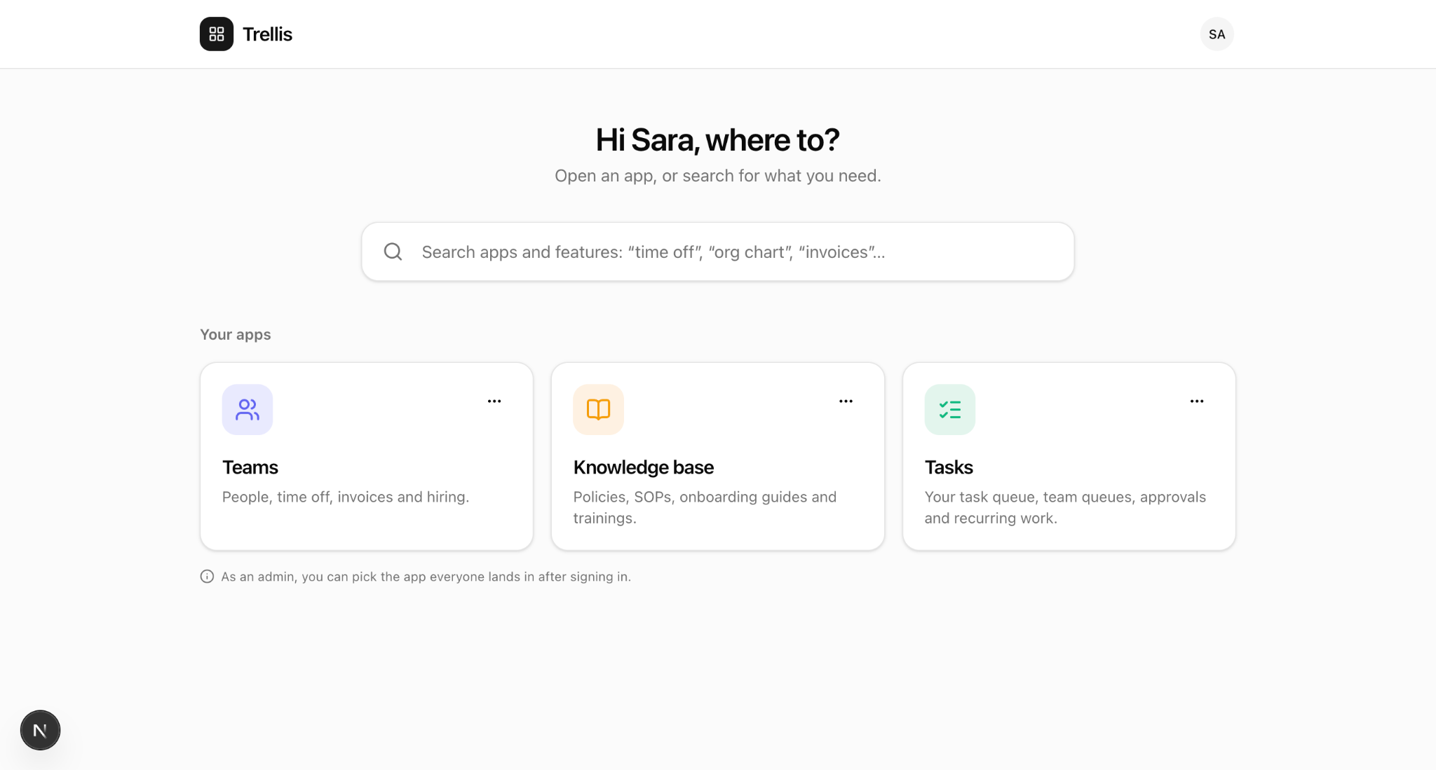Trellis app explorer with Teams, Knowledge base and Tasks