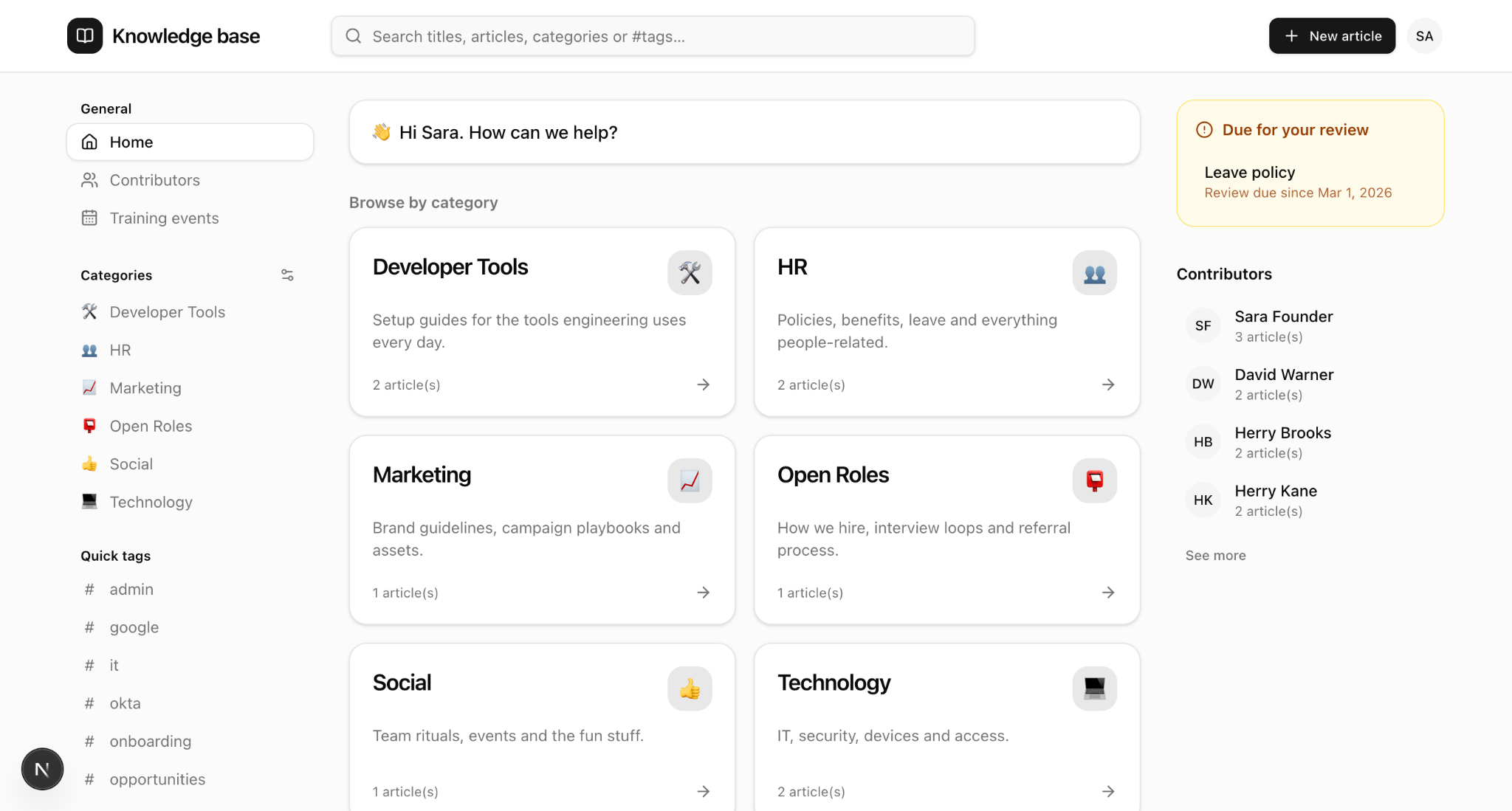 Trellis knowledge base with searchable company categories and review reminders
